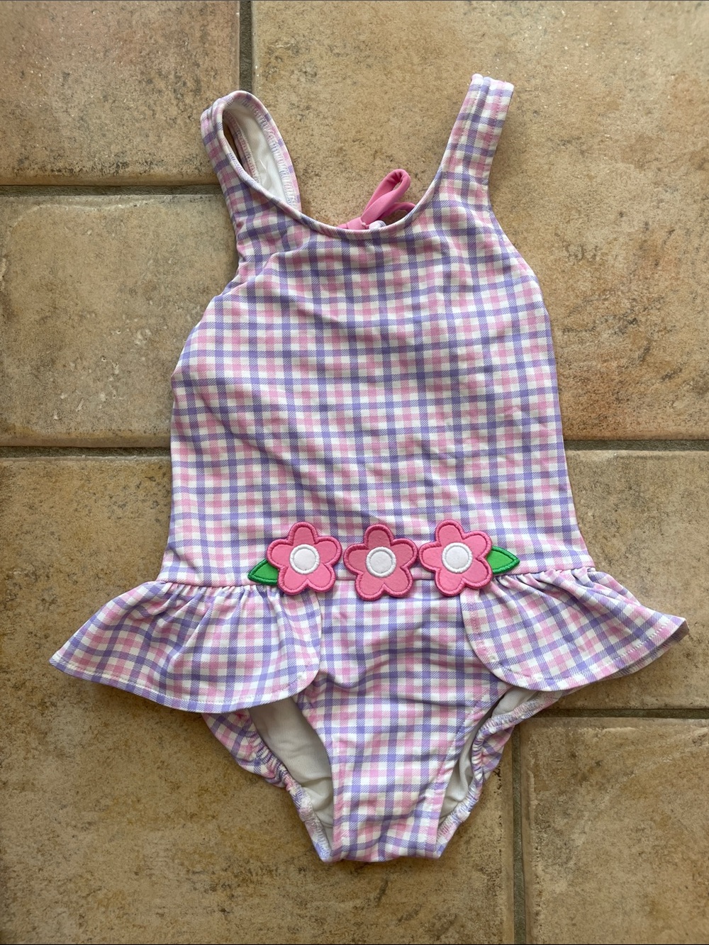 Florence Eiseman Pink & Lavender Plaid Floral Ruffle One-Piece Swimsuit